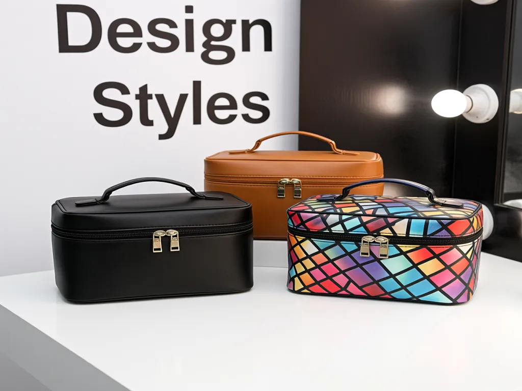 Designer small cosmetic bags in black, brown, and colorful patterns