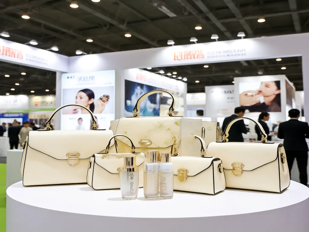 Elegant white handbags set with cosmetic products on display