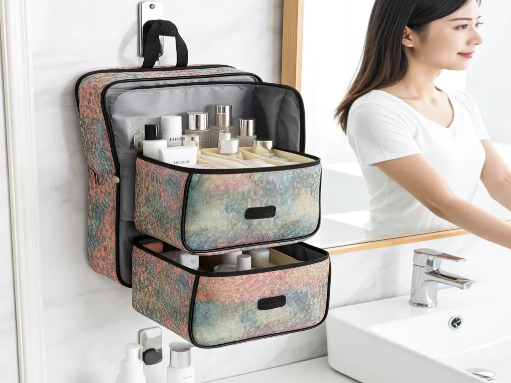 A woman using a hanging cosmetic bag in bathroom
