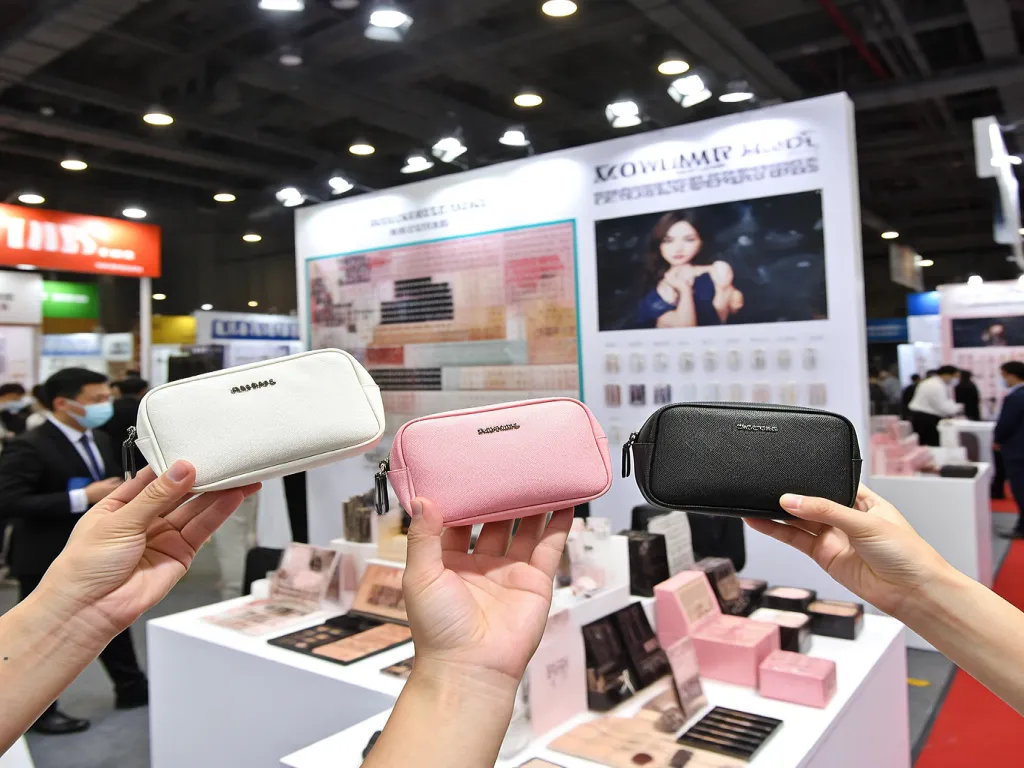 Hands holding small cosmetic bags in white, pink, and black at an exhibition