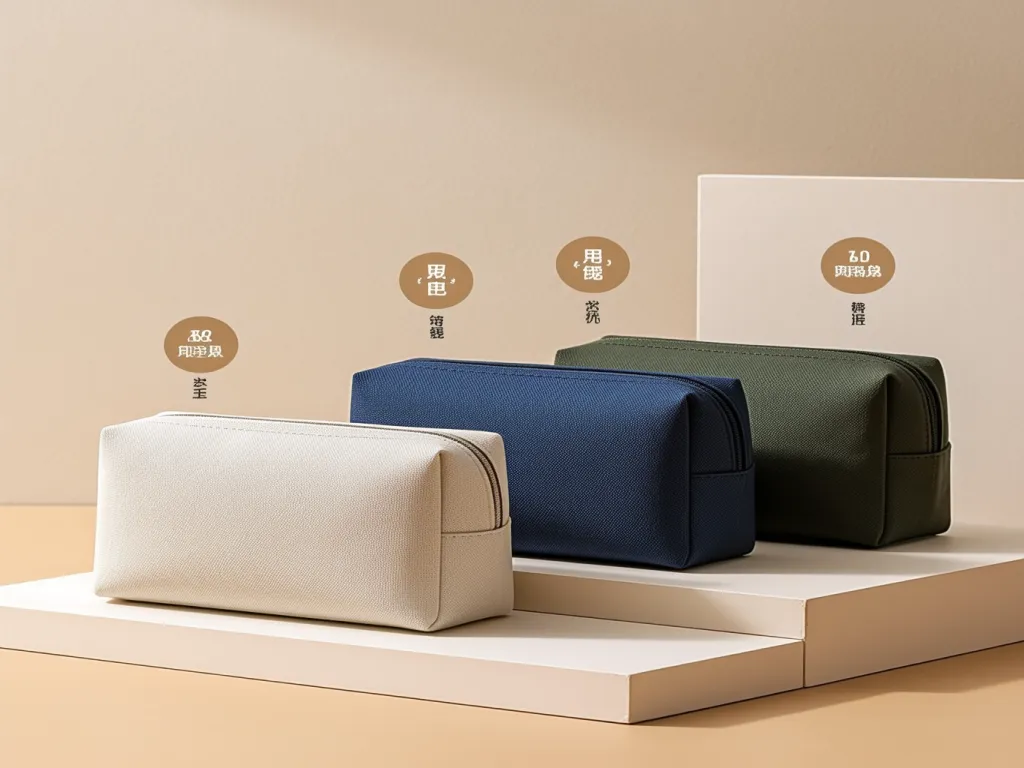 Three small cosmetic bags in white, navy, and green on a beige background
