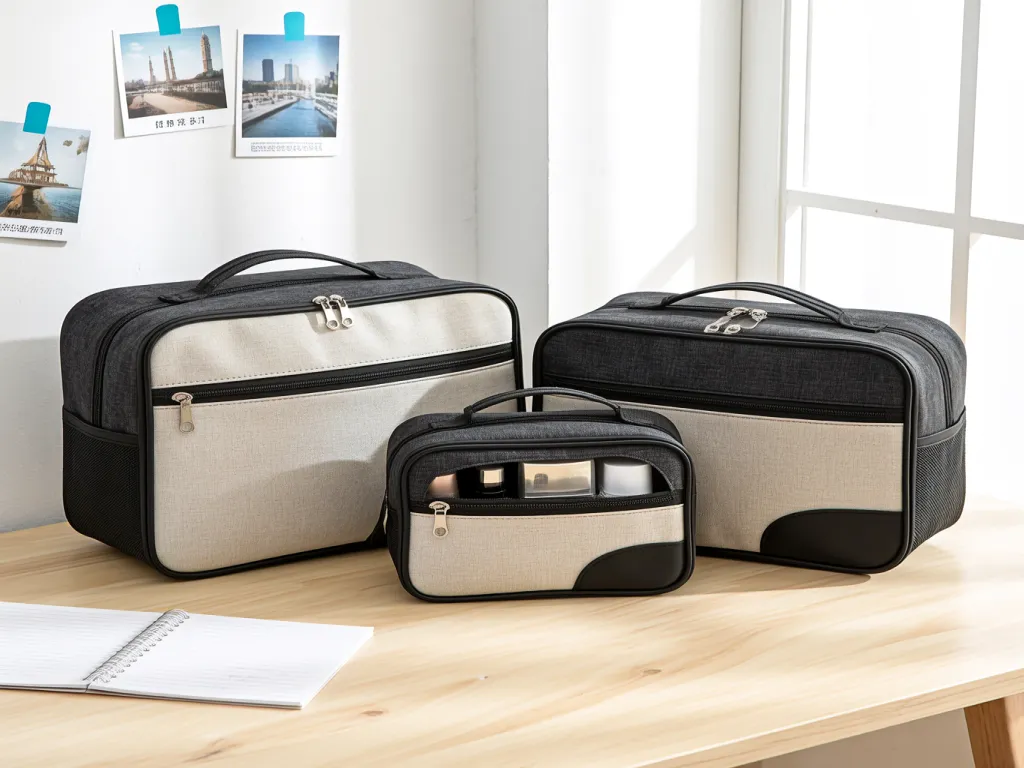 Three sizes of cosmetic bags on a desk