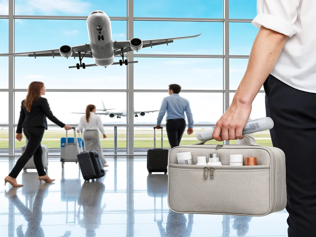 Person holding a travel cosmetic bag at airport