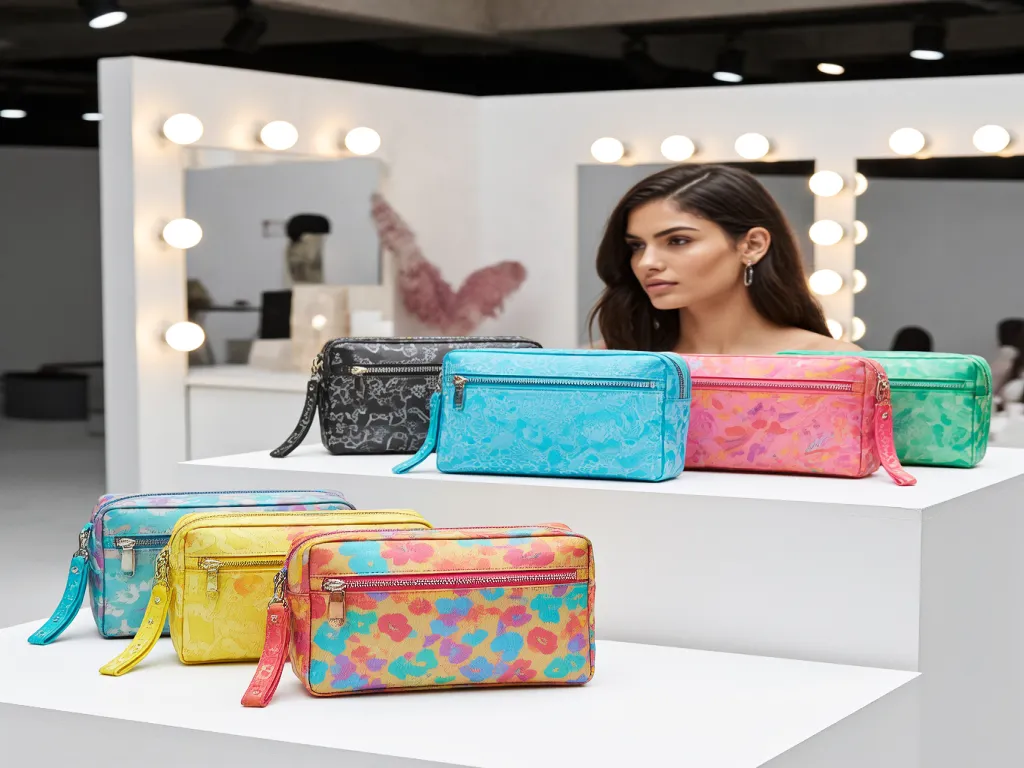 Colorful Juicy Couture cosmetic bags on a white platform
