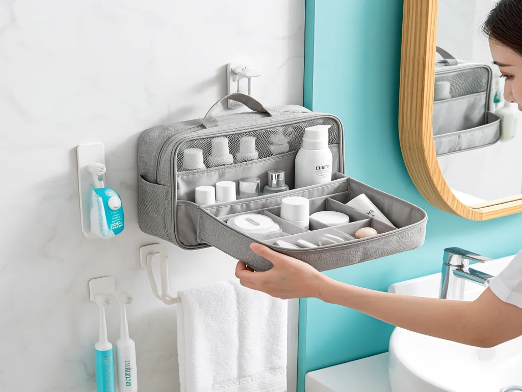 A grey hanging cosmetic bag mounted on a bathroom wall