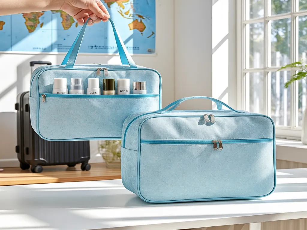 Two light blue hanging cosmetic bags on a table with travel items