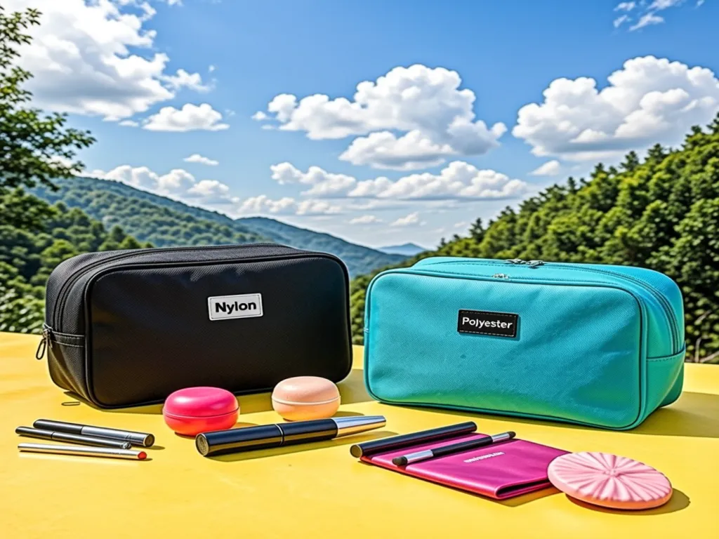 Black and teal cosmetic bags with makeup items outdoors