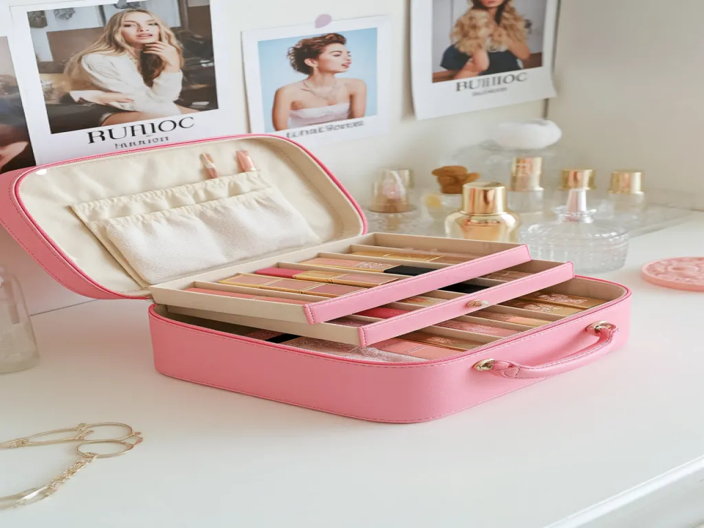 Pink Juicy Couture cosmetic box with makeup inside