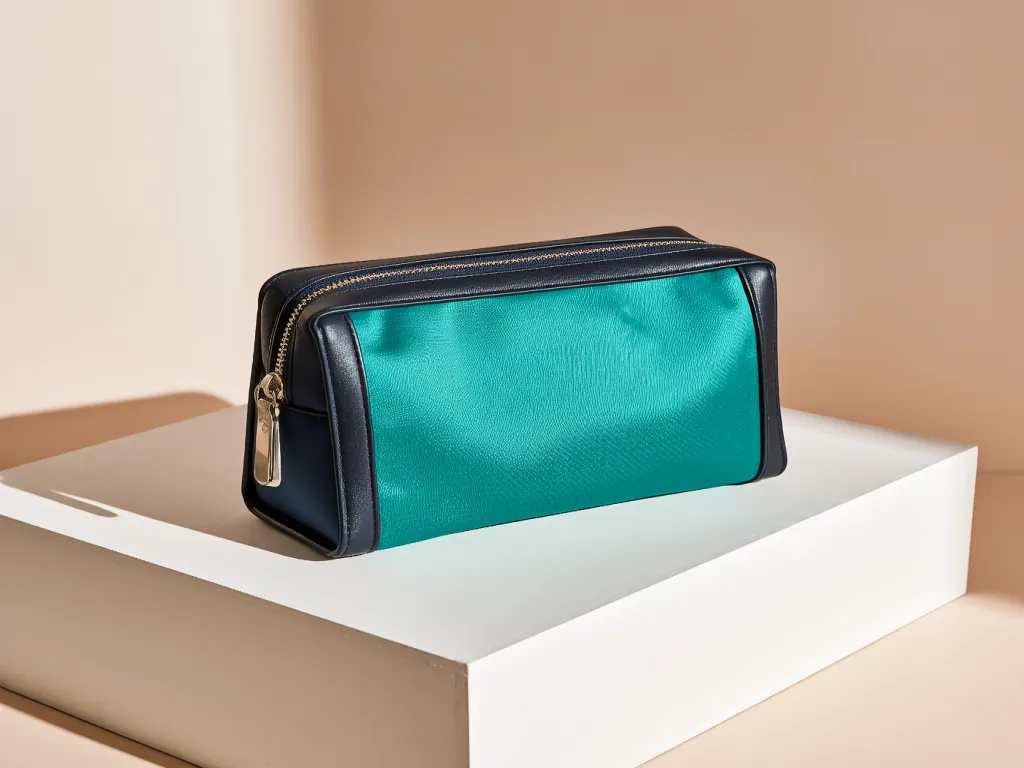 Teal Juicy Couture cosmetic bag on a white platform