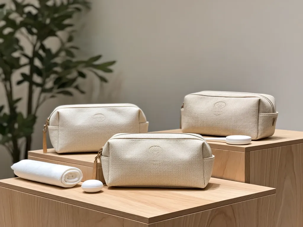 Beige cosmetic bags with rolled towel and small accessories