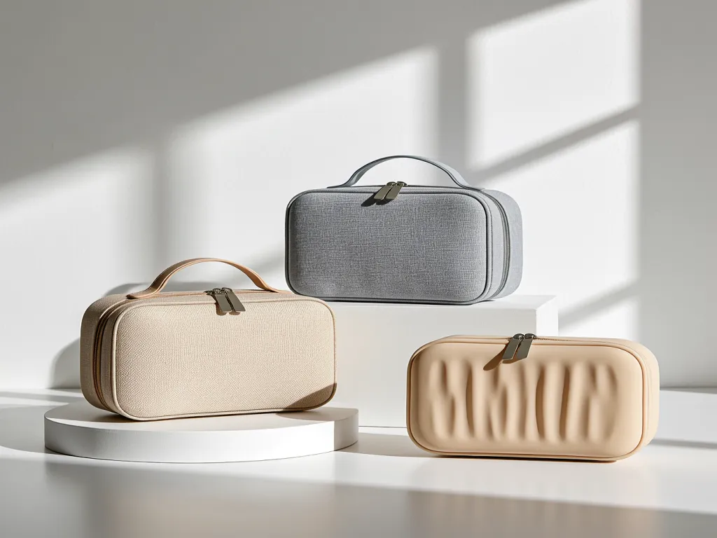 Variety of cosmetic bags displayed on white platforms