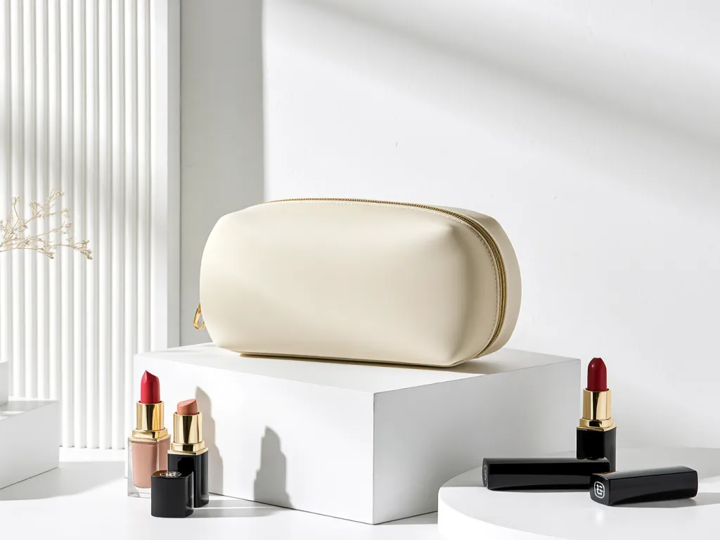 Cream cosmetic bag with lipsticks on white display
