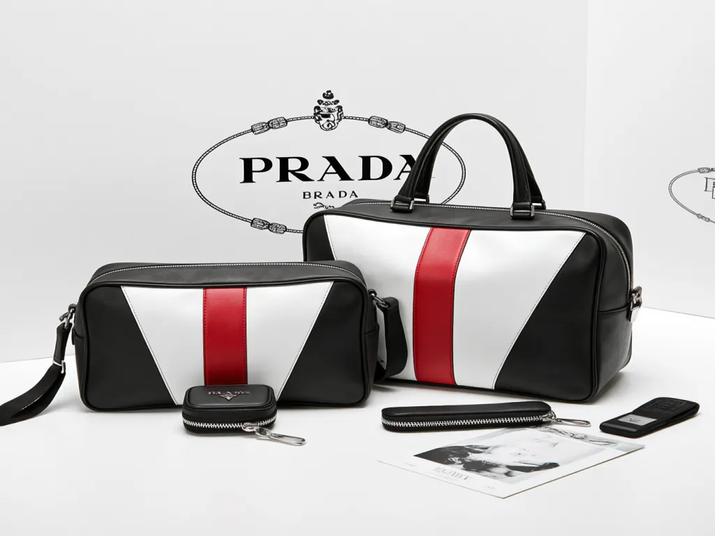 Prada bag set with accessories on white background