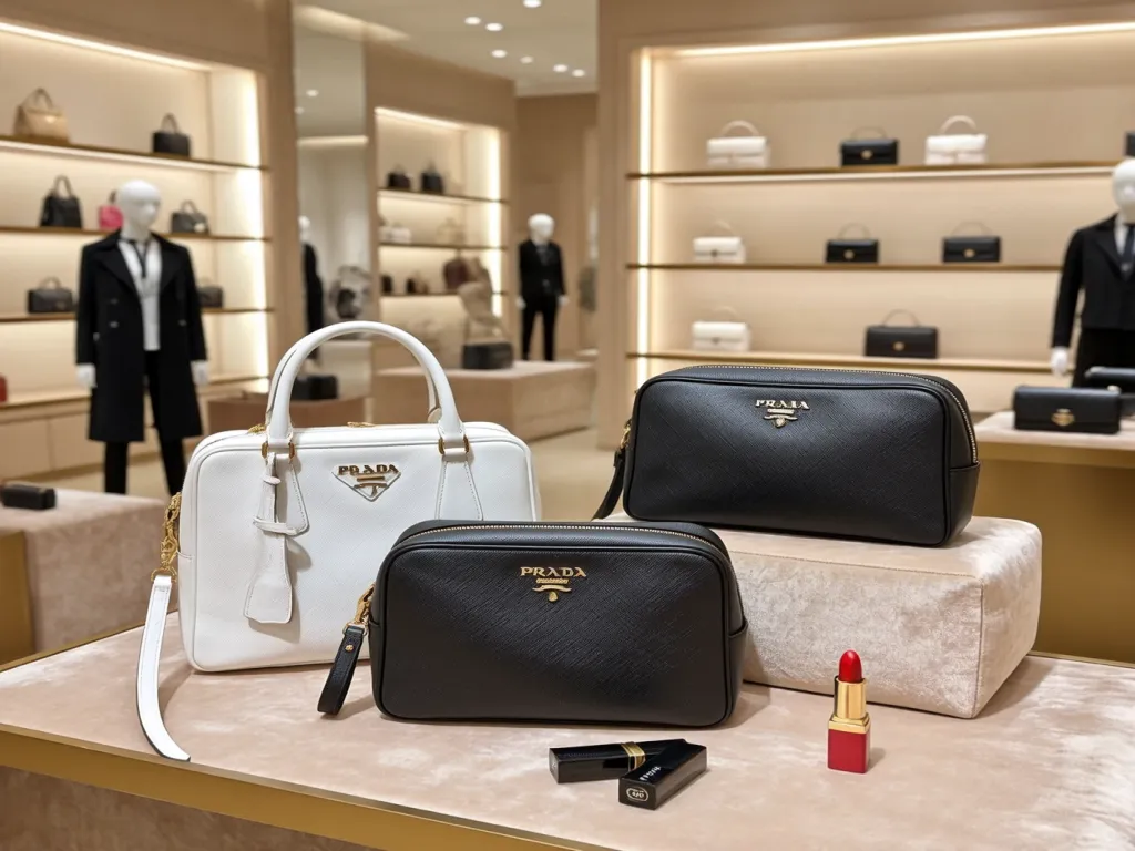 Prada cosmetic bags displayed on counter in store