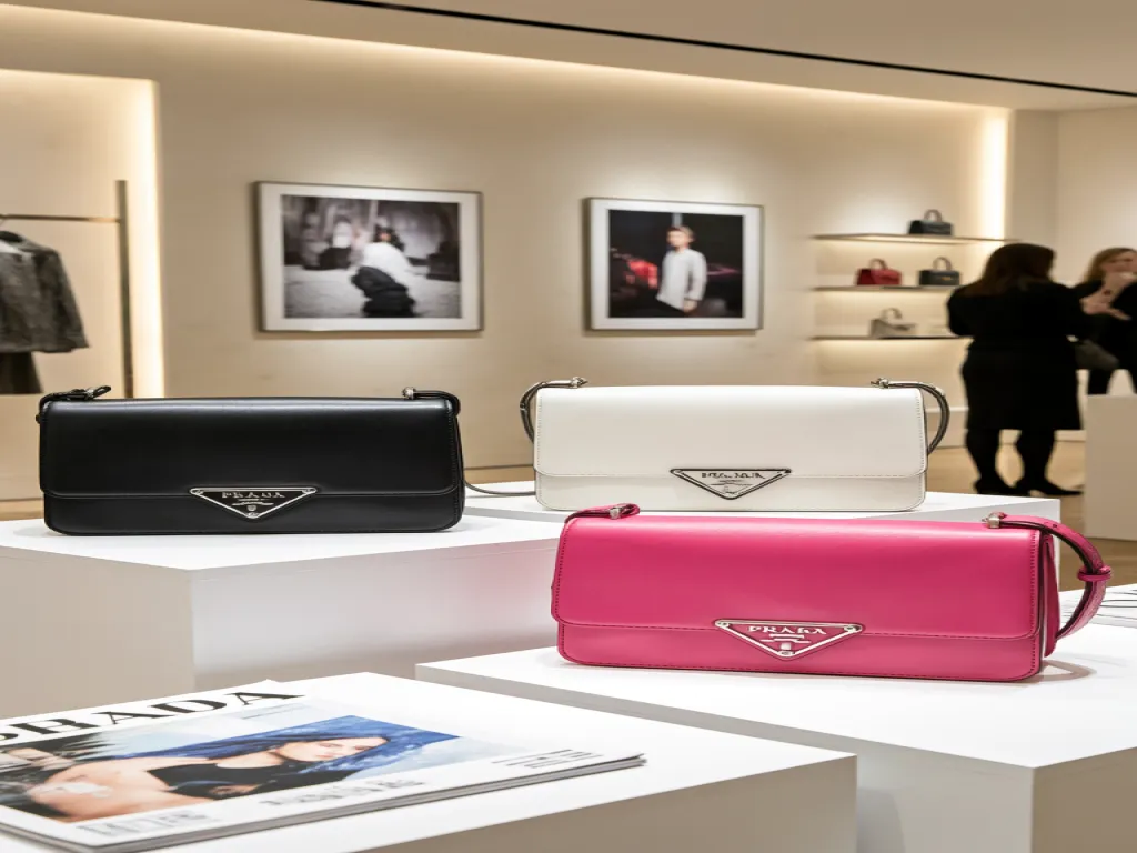 Prada shoulder bags exhibited on white pedestals