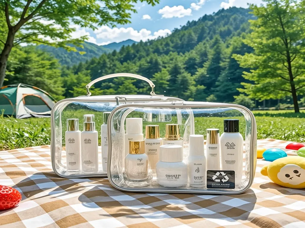 Transparent cosmetic bags filled with skincare products outdoors