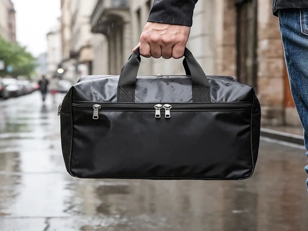 A person holding a black duffel bag on a rainy street