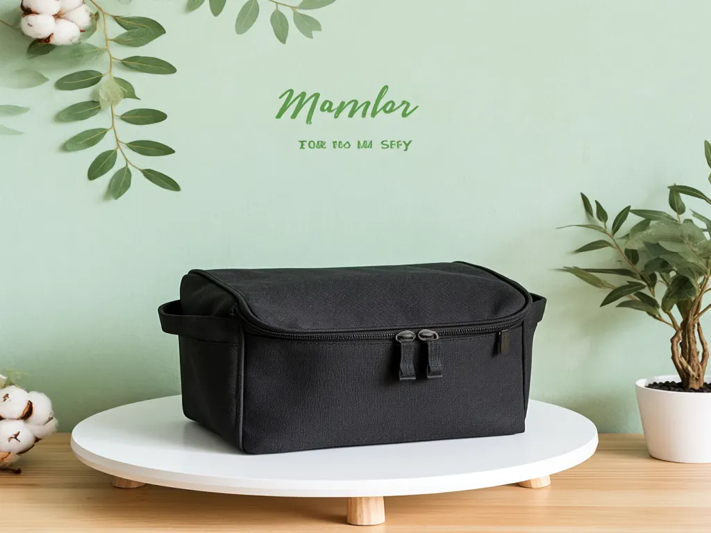 A black toiletry bag on a white table with green leaves in the background