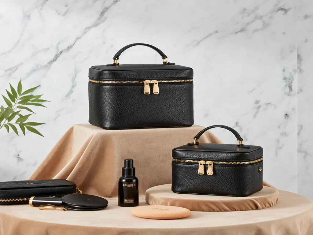 Two luxury black cosmetic cases with gold zippers on a beige cloth