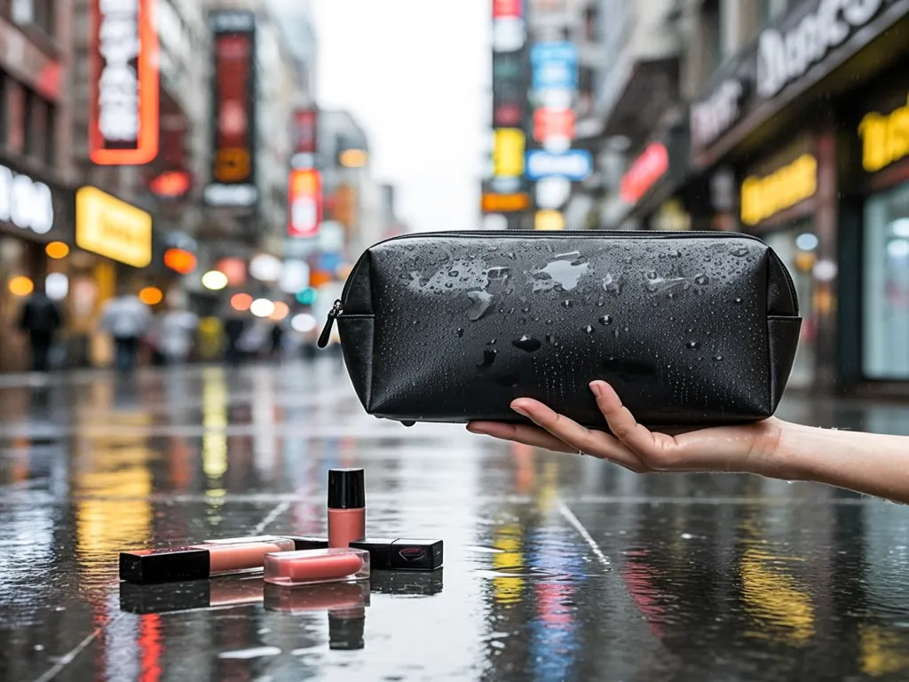 Black cosmetic bag with water droplets held above a wet city street