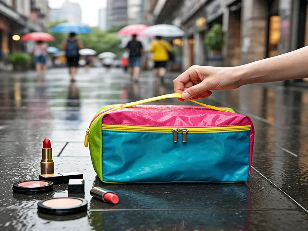 Colorful cosmetic bag on a wet street with lipsticks beside it
