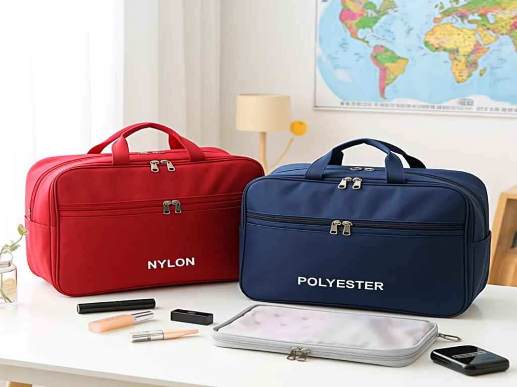 Red and blue travel cosmetic bags on a table with makeup items