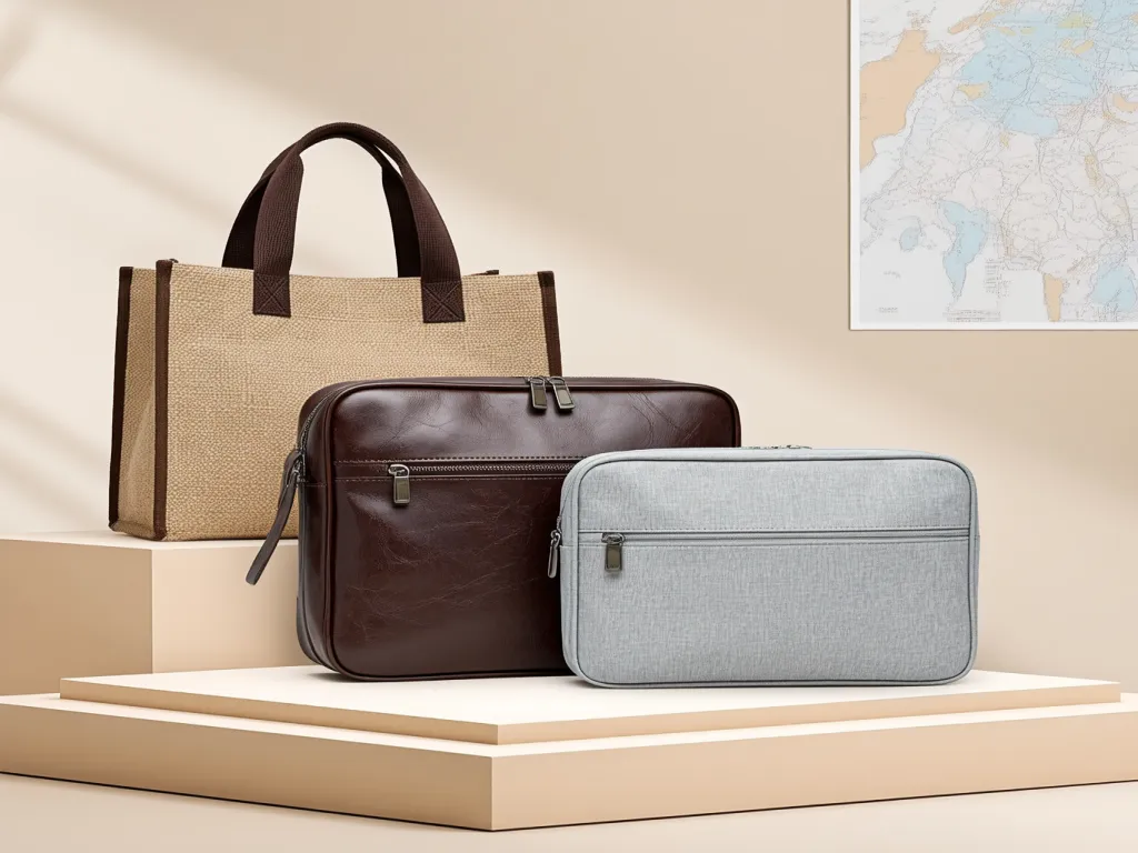 Assorted travel bags displayed on a beige platform with a map in the background