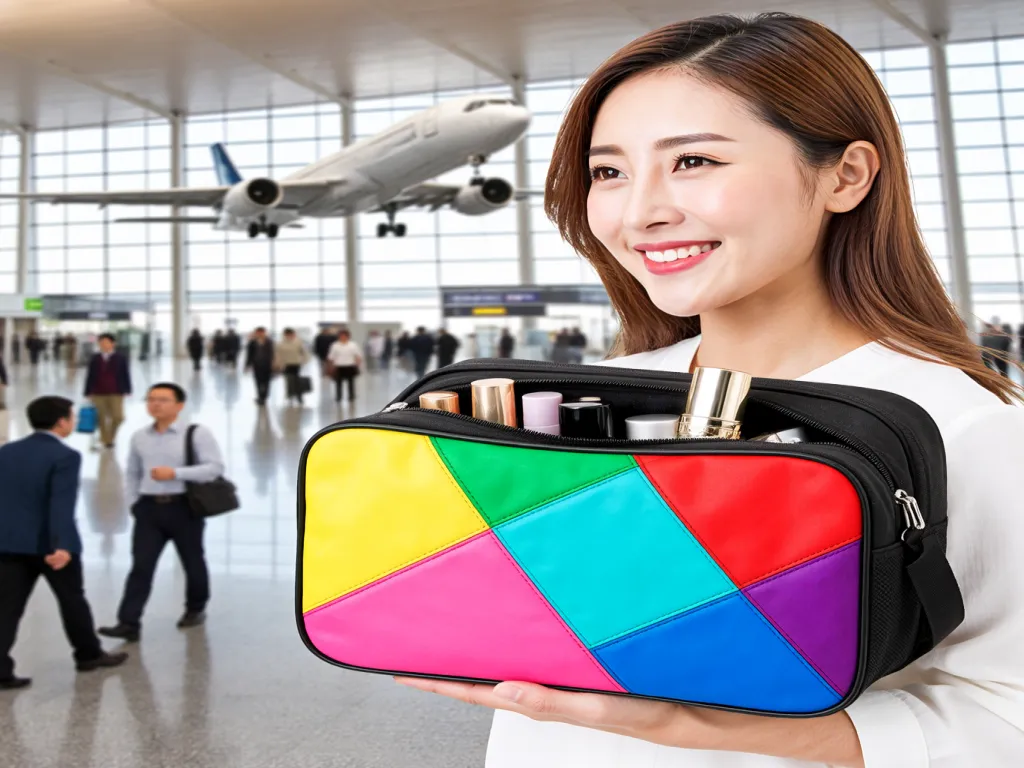 Woman holding a colorful cosmetic makeup travel bag at the airport