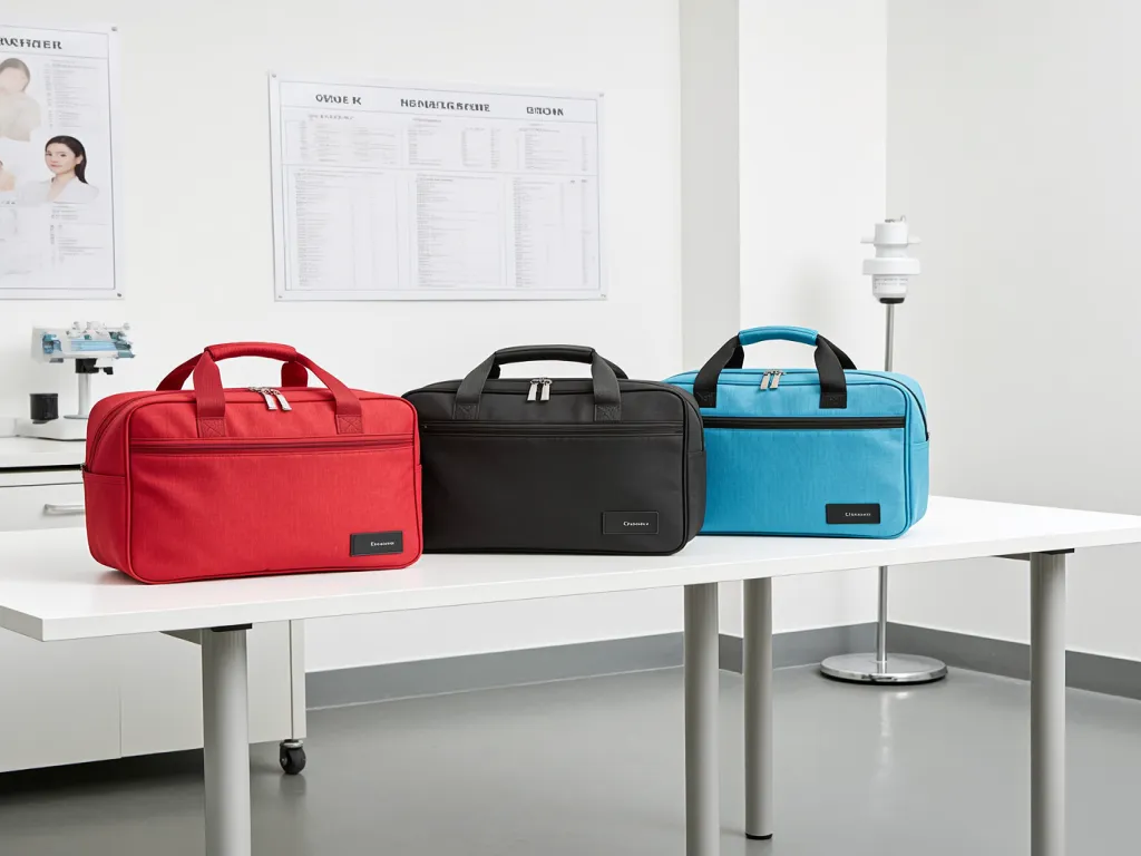 Red, black, and blue cosmetic makeup travel bags on a white table