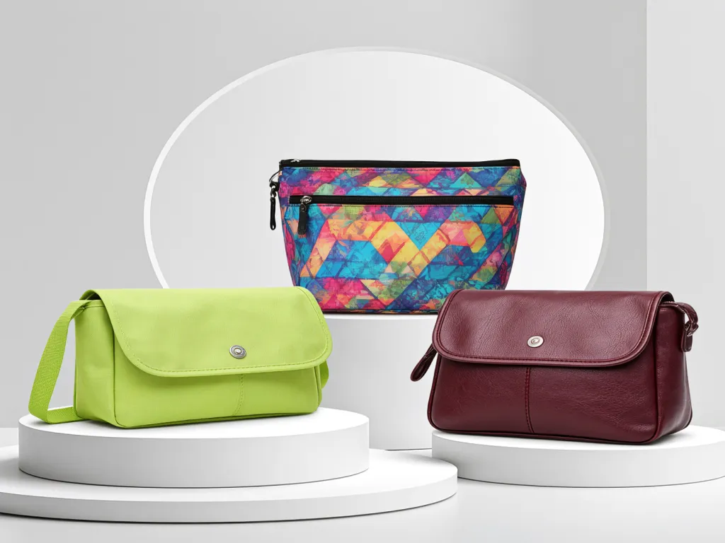 Three different styles of cosmetic makeup travel bags on display