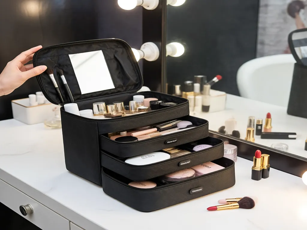 Black cosmetic bag open with makeup inside on a vanity
