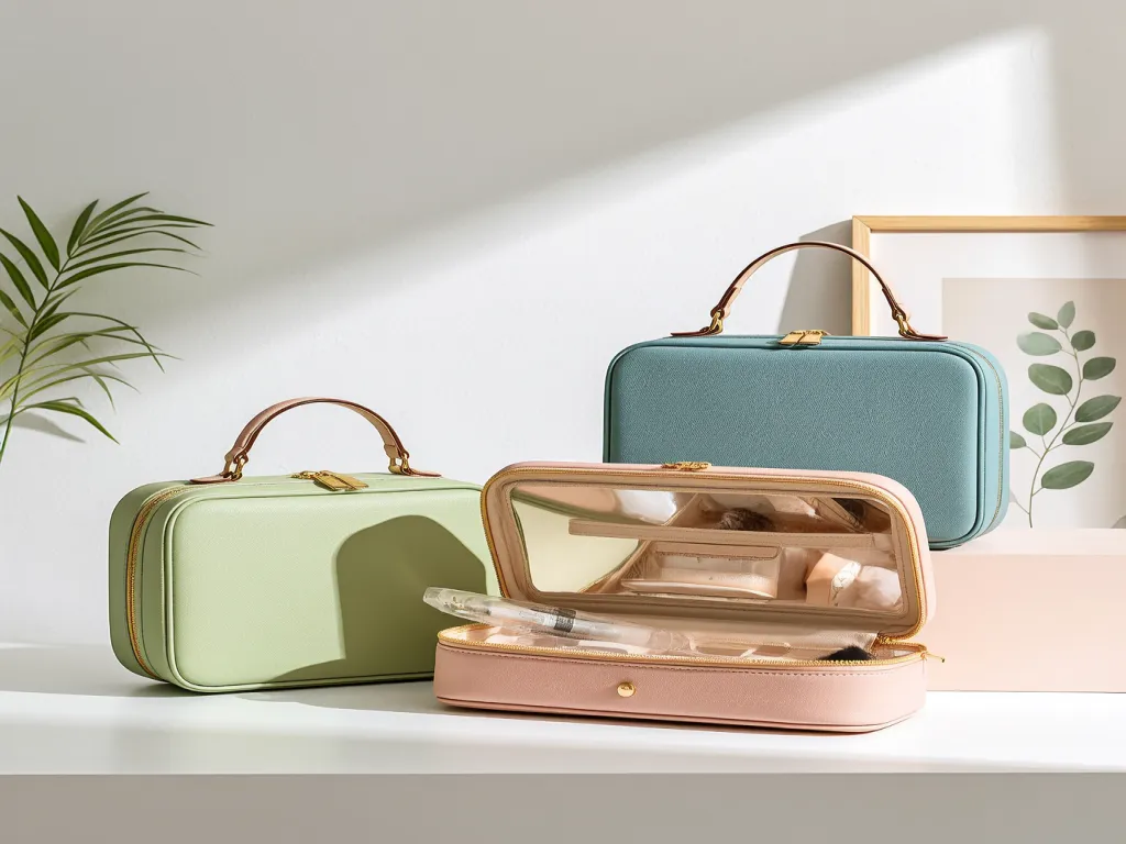 Three colorful cosmetic bags on a white surface