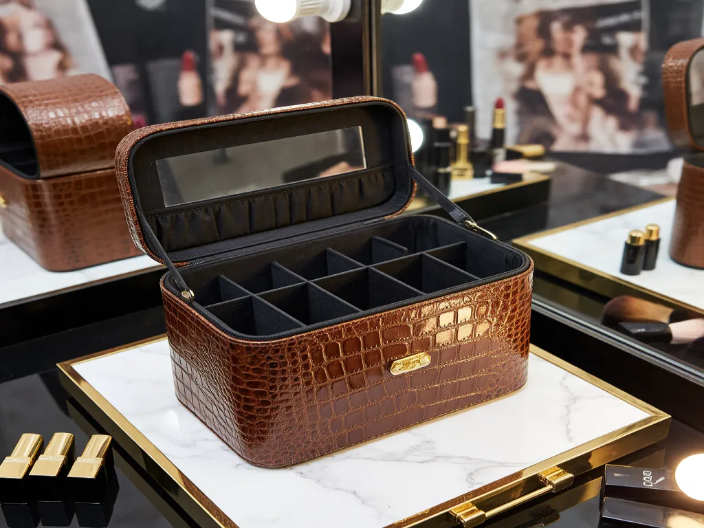 Brown crocodile pattern cosmetic box open on a counter