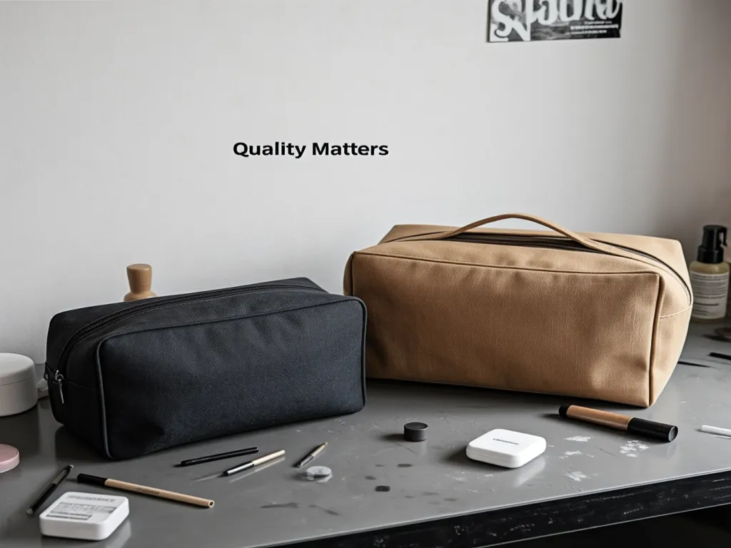 Black and beige cosmetic bags with makeup tools