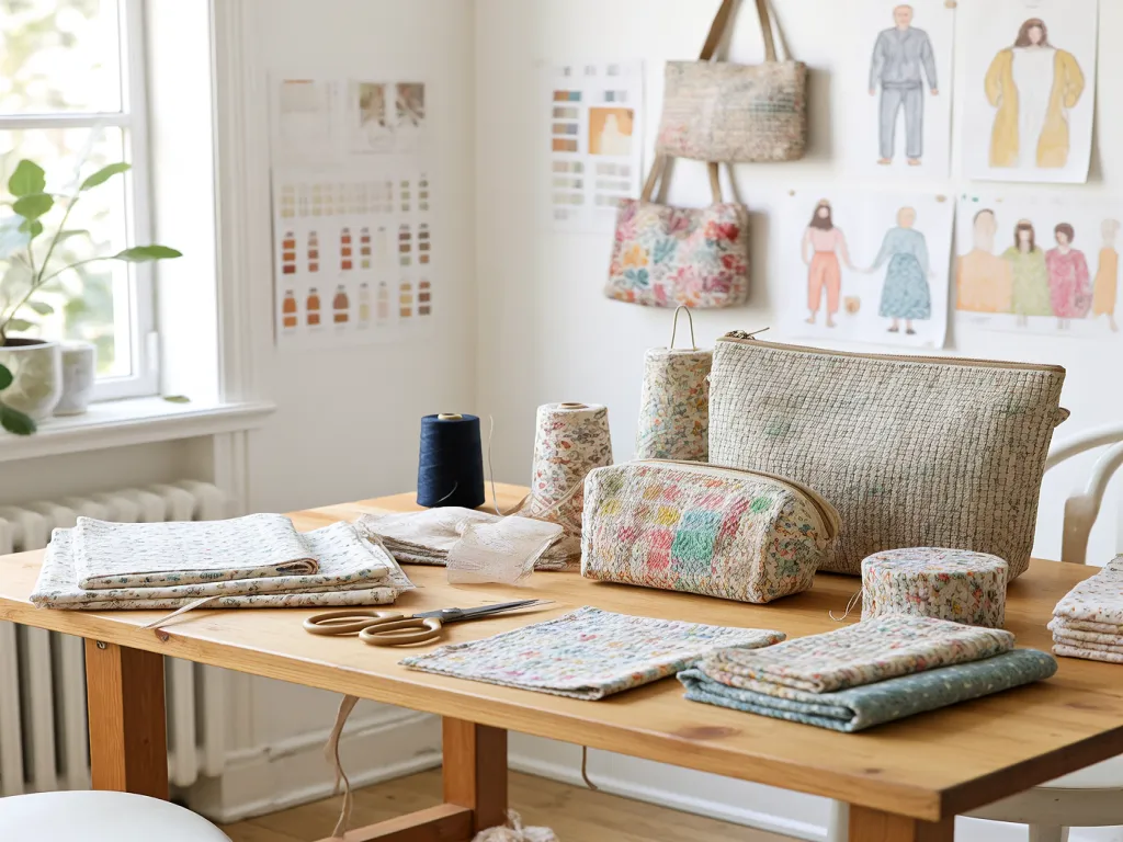 Cosmetic bag sewing materials on a table including fabrics and threads