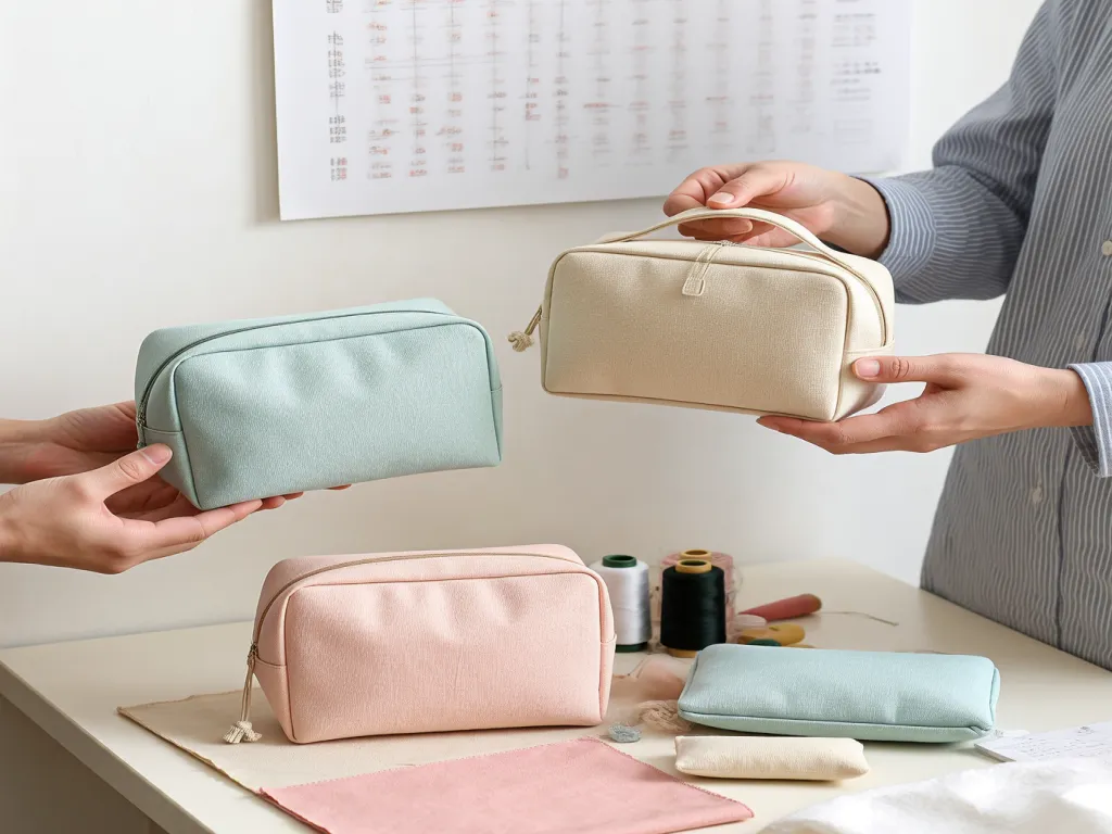 Hands holding three finished cosmetic bags in different colors