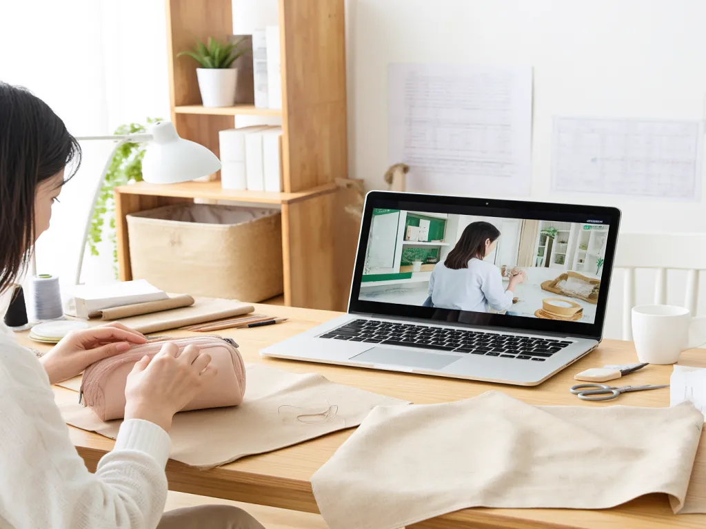 Woman watching a cosmetic bag sewing tutorial on a laptop