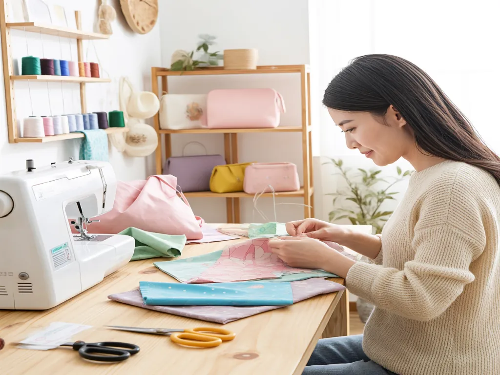 Woman sewing a cosmetic bag at a sewing machine