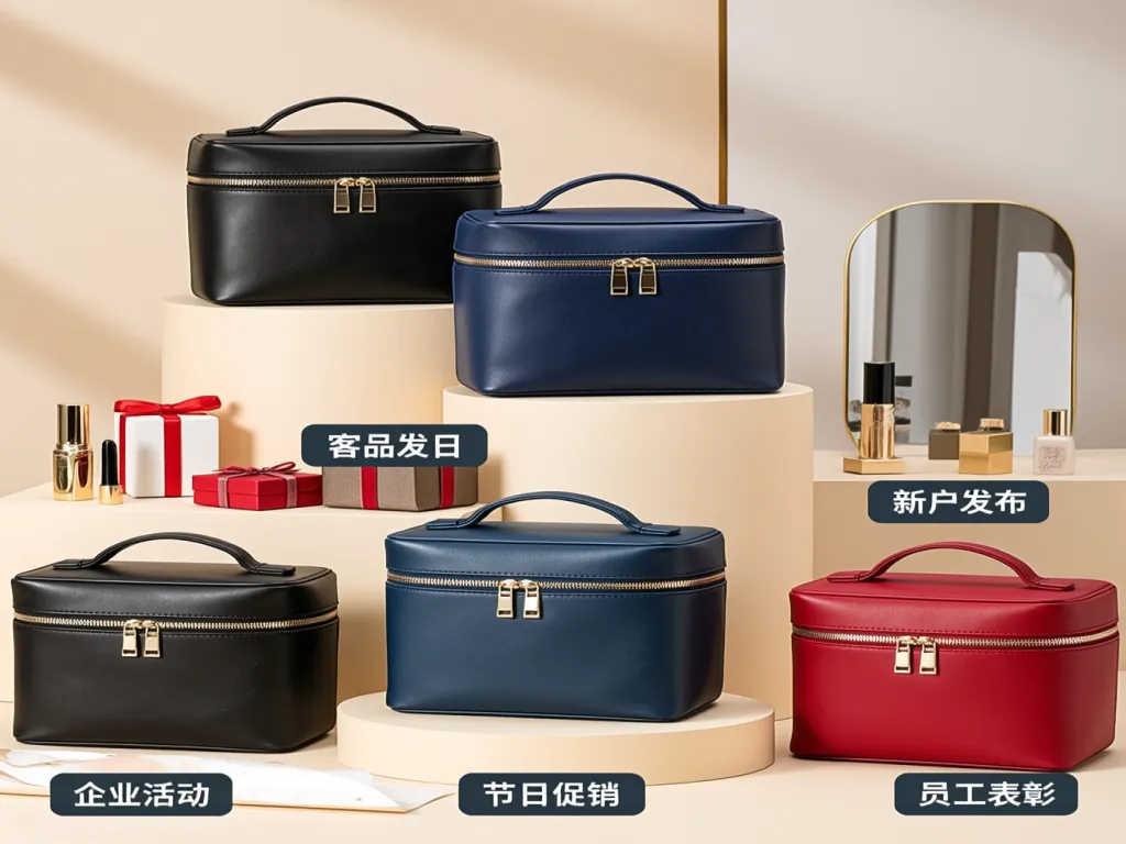 Colored leather cosmetic bags on display with promotional labels