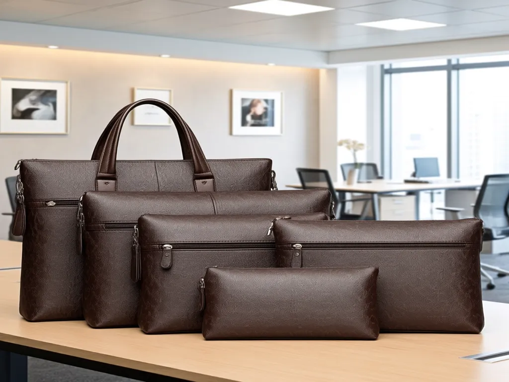 Various leather bags displayed on a table in an office setting