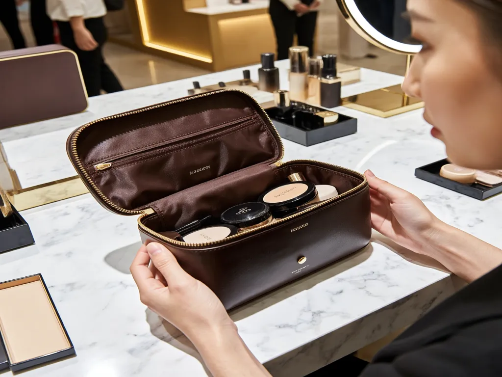 A leather cosmetic bag open showing makeup inside