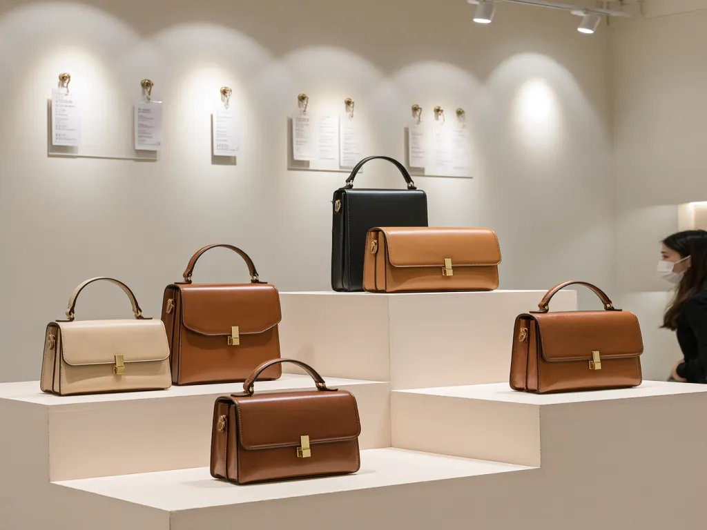 Leather handbags arranged on steps in a store display