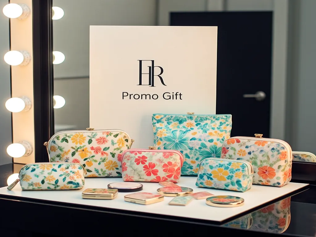 Floral cosmetic bags arranged on a table with promotional backdrop
