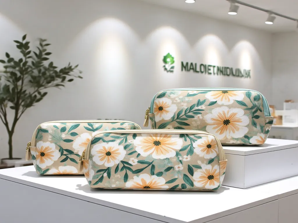 Floral cosmetic pouches displayed on a white platform in a store