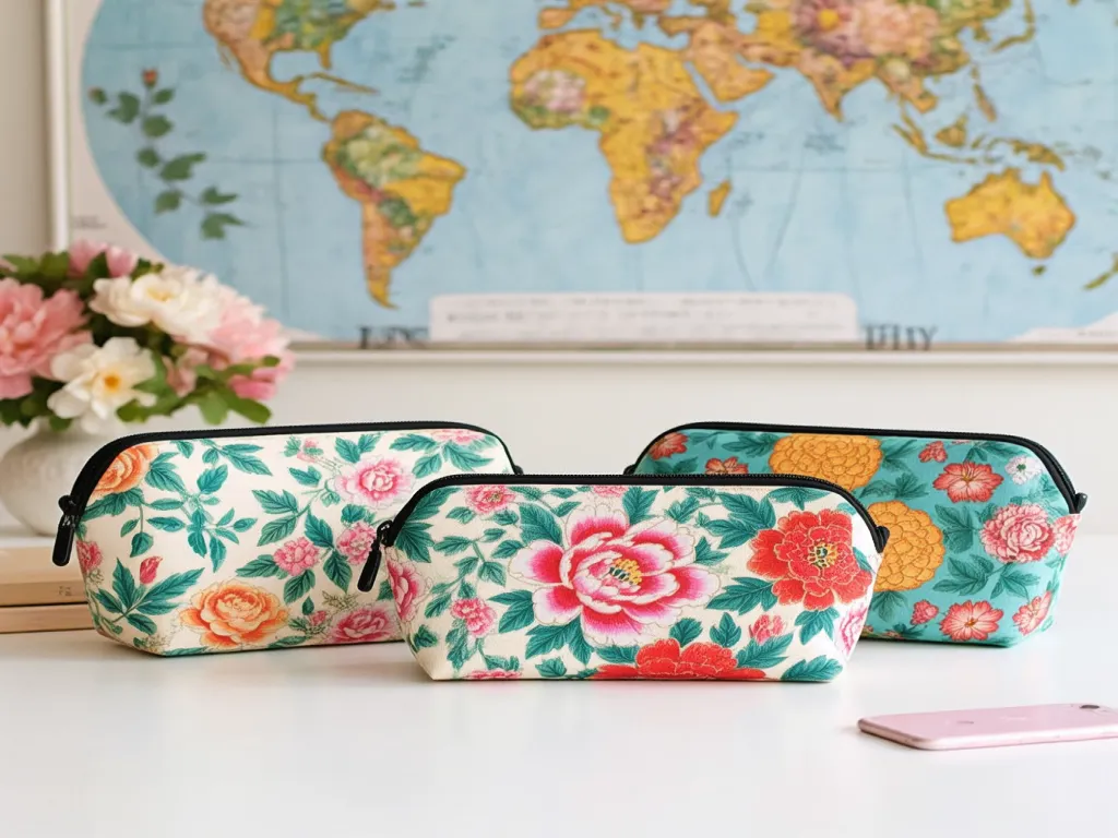 Collection of floral makeup bags on a desk with a world map background